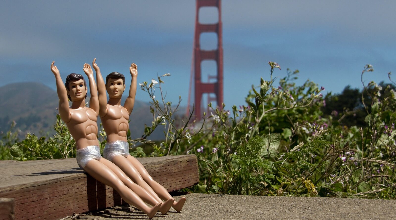 Two Ken dolls at Golden Gate Bridge